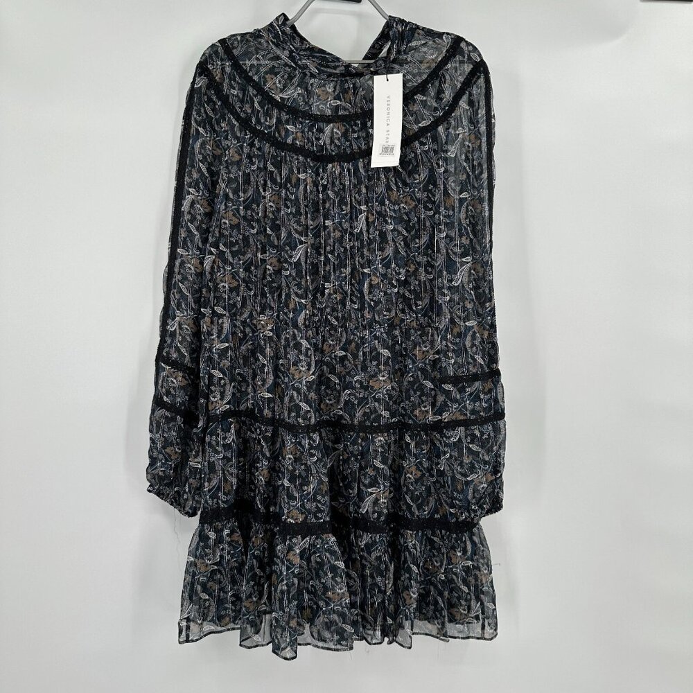 Veronica Beard Rahla Floral Lace Trim Long Sleeve Silk Dress Sz 12 L Black Nwt